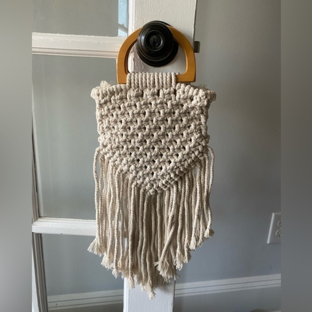 Vintage Handmade Boho Macrame Handbag Purse with Wooden Handles